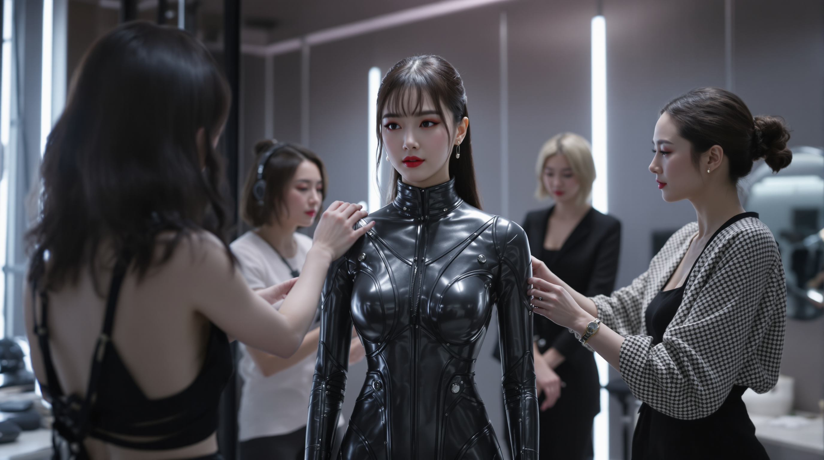 스타일리스트들과 함께 가죽 드레스를 입어보는 박나래