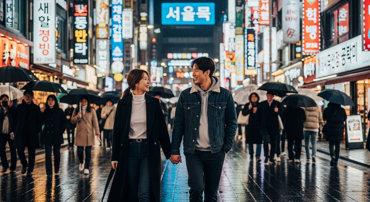 서울 거리에서 밤에 걷는 현대적인 커플의 모습