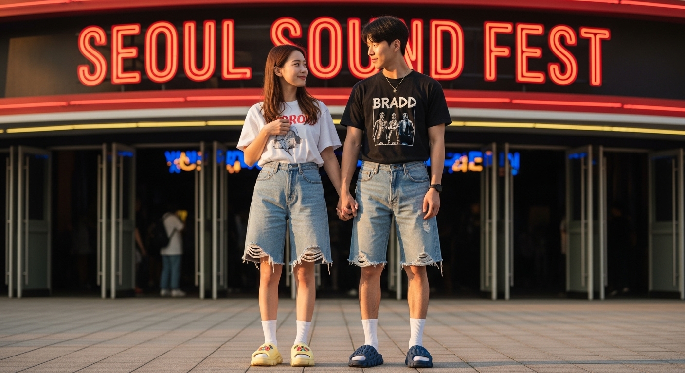 콘서트장 입구에서 일치하는 데님 반바지와 슬리퍼를 신은 패셔너블한 커플