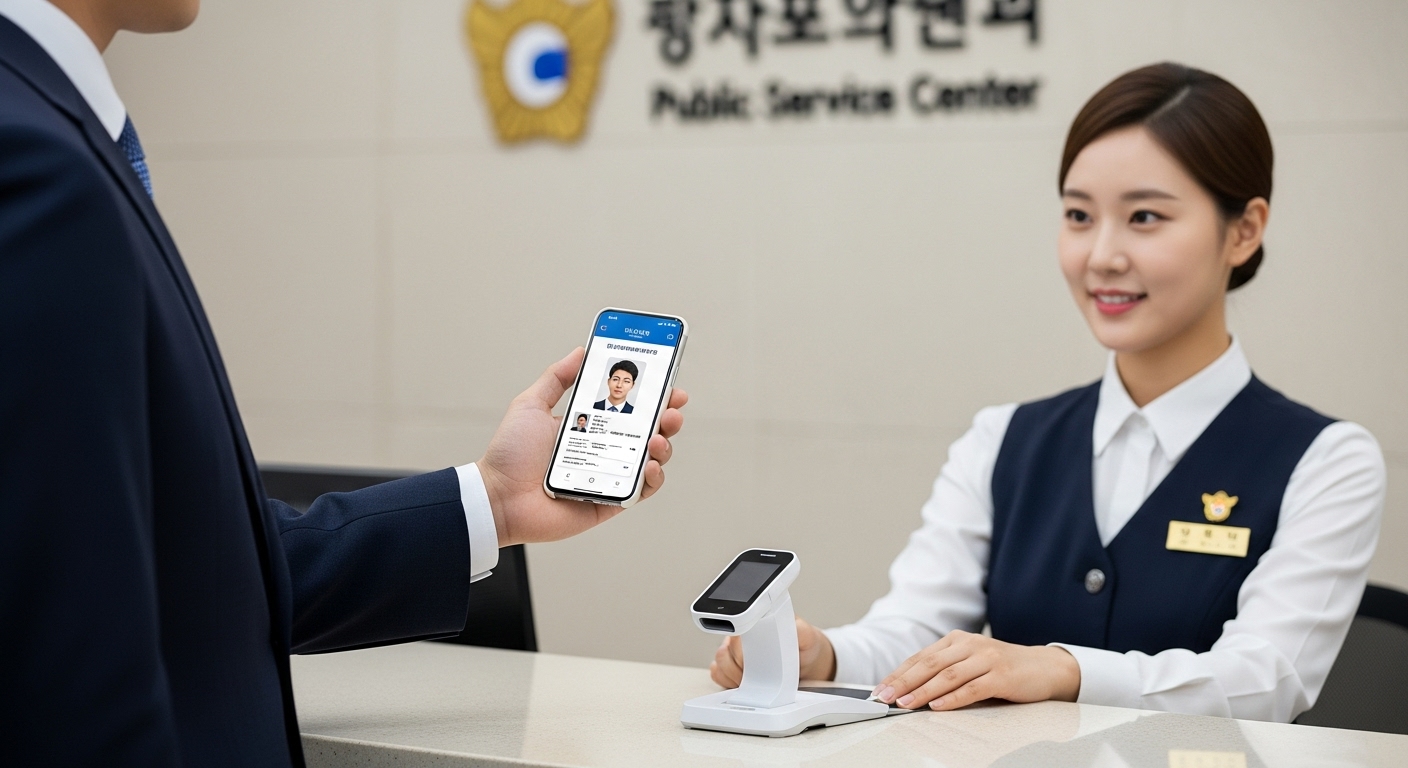 공공기관 서비스 데스크에서 모바일 신분증을 제시하는 한국 직장인