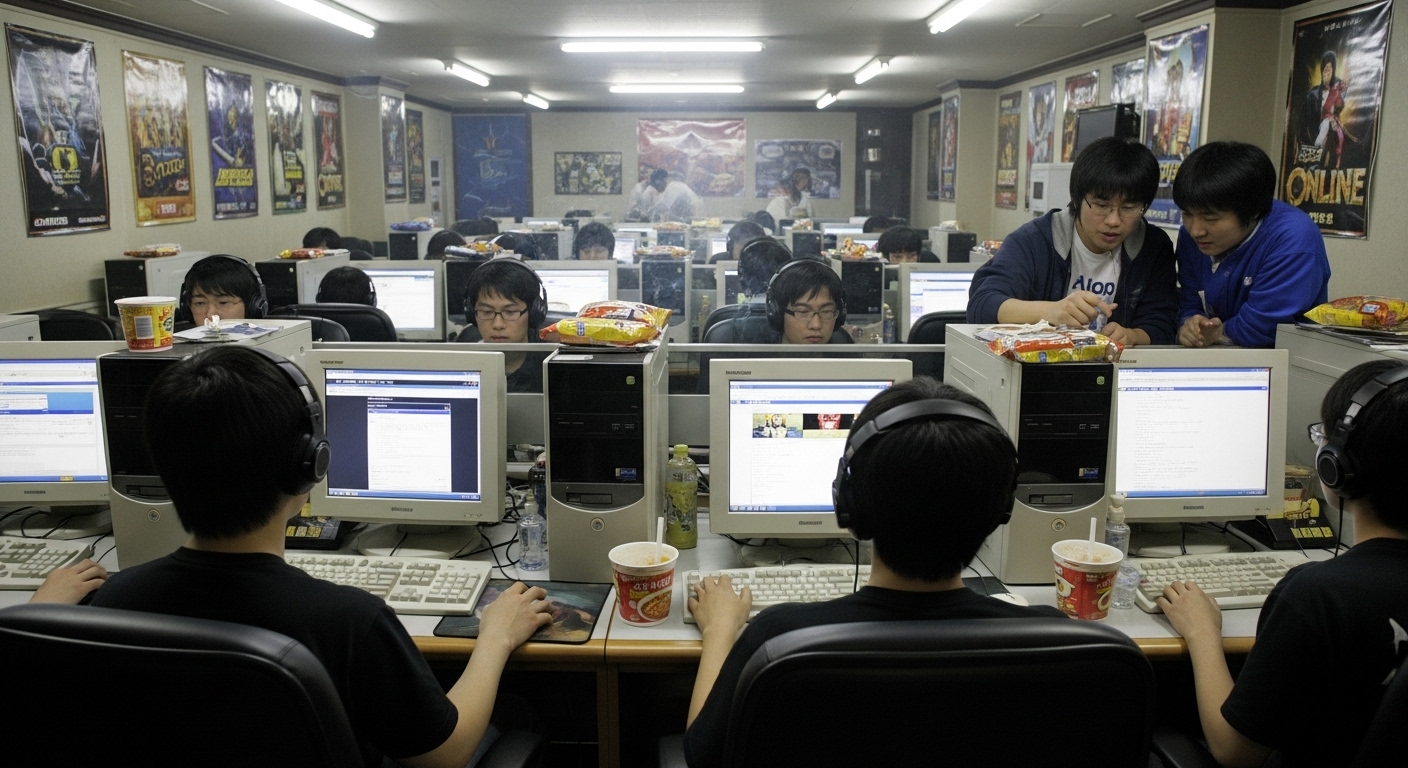 인터넷 카페에서 사람들이 온라인 포럼과 커뮤니티를 사용하는 모습