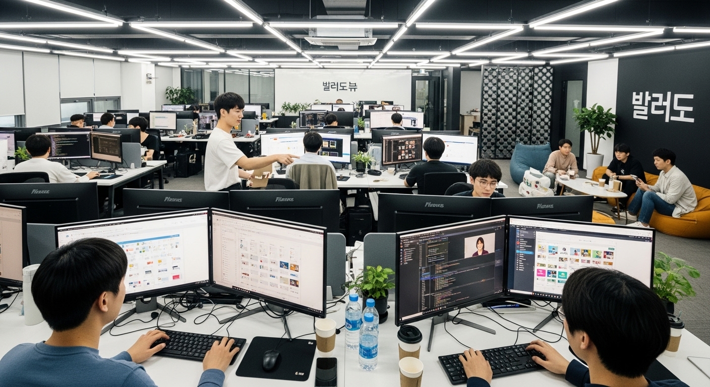젊은 개발자들이 미니홈피 등 소셜미디어 플랫폼 기능을 작업하는 스타트업 사무실