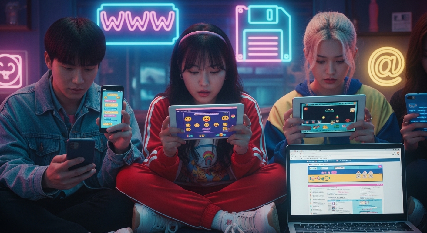 젊은 세대가 디지털 기기에서 레트로 테마 활동을 즐기는 모습