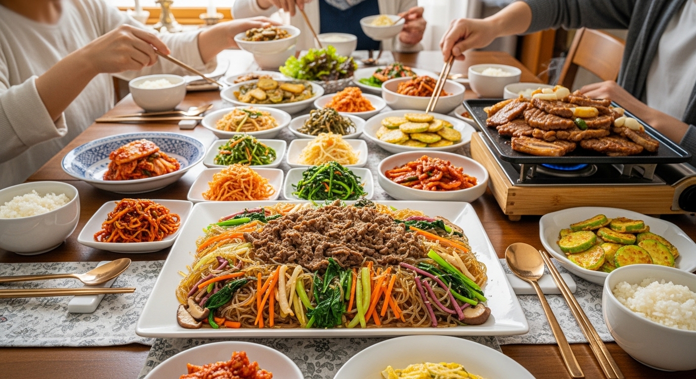 명절에 사용되는 다양한 반찬과 함께 한상 가득 차려진 잡채