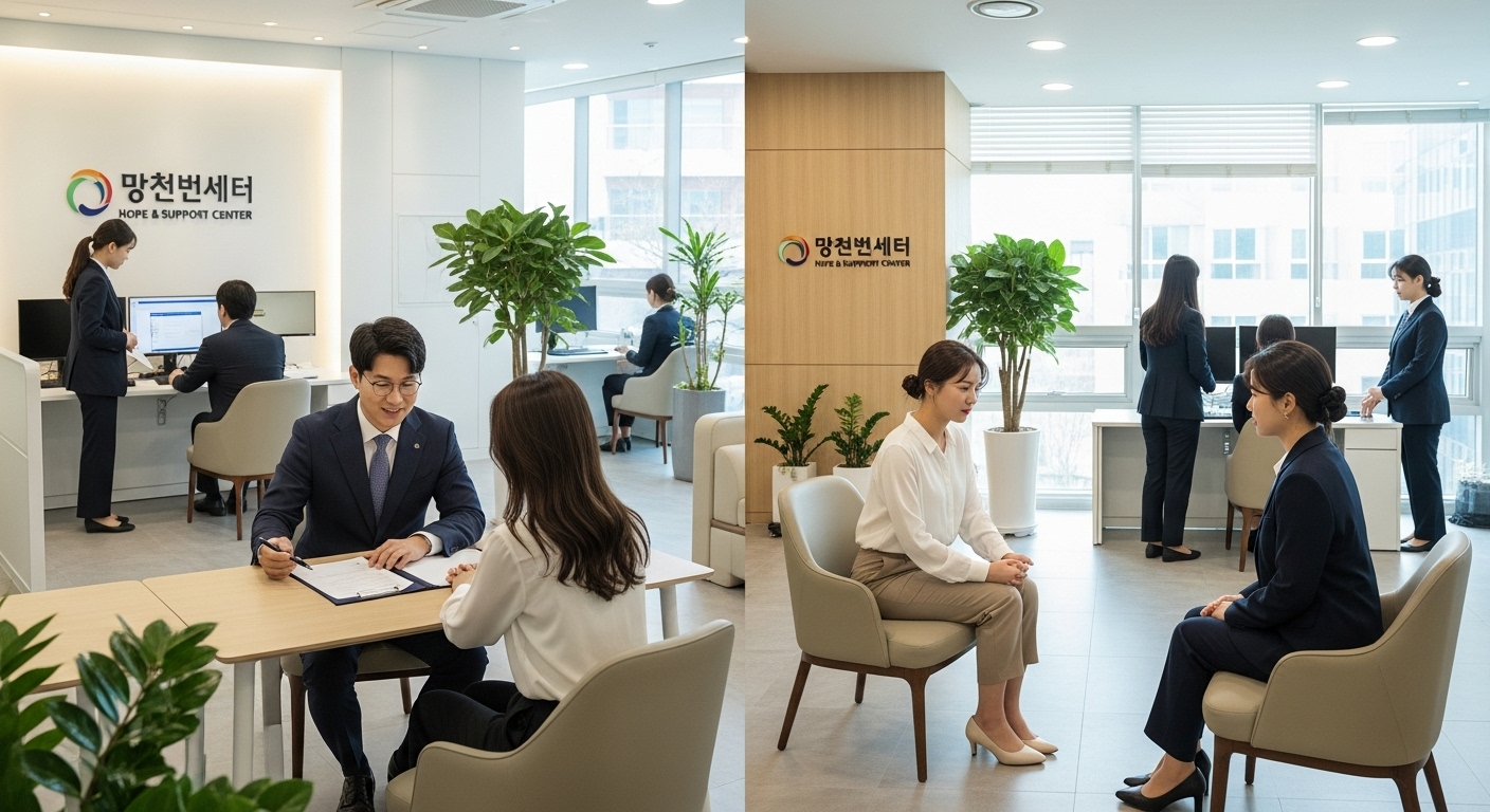 법률 자문과 심리 상담을 제공하는 현대적인 지원 센터의 전문가들