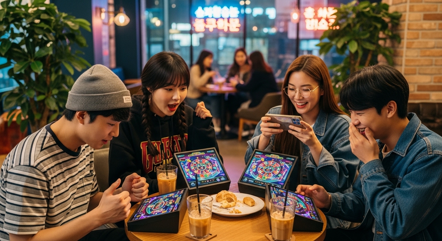 서울 카페에서 스마트폰으로 디지털 핀볼 룰렛 게임을 즐기는 젊은이들