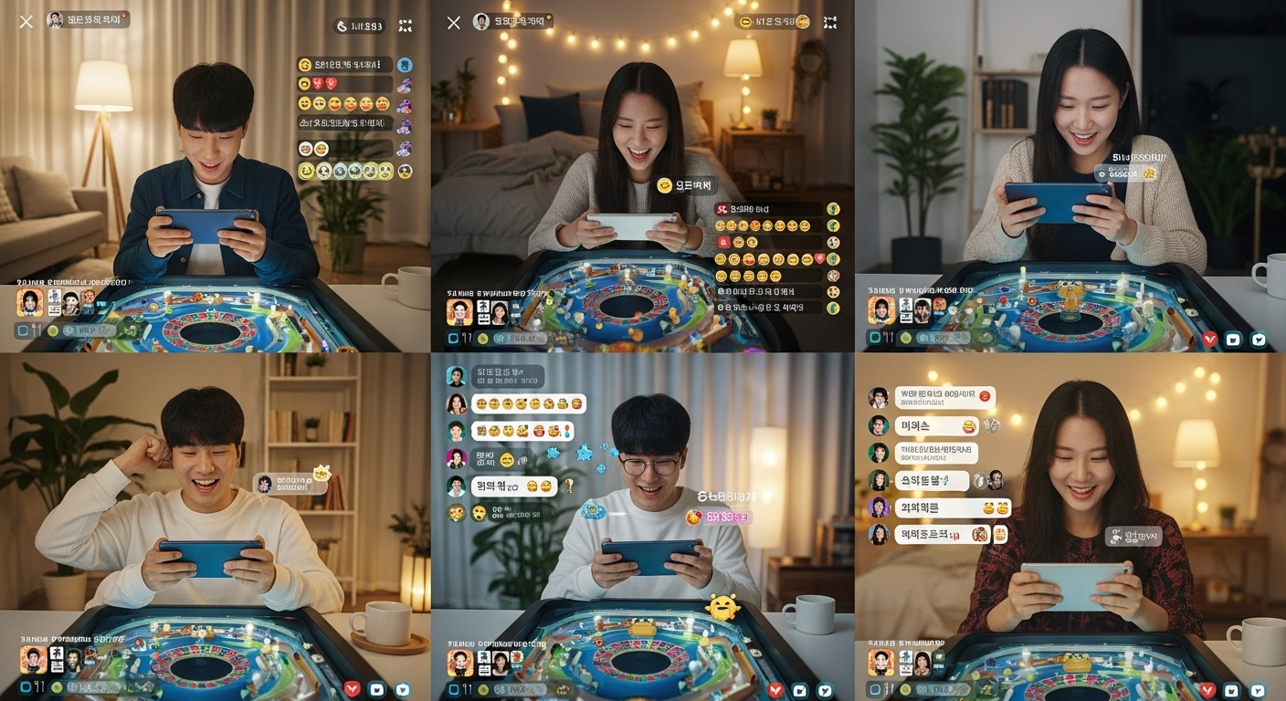 집에서 소셜미디어를 통해 핀볼 룰렛 게임을 즐기는 젊은이들