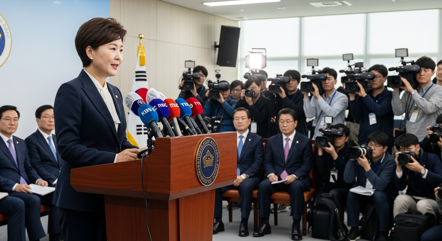 중년 여성 정치인이 기자회견에서 발표하는 장면