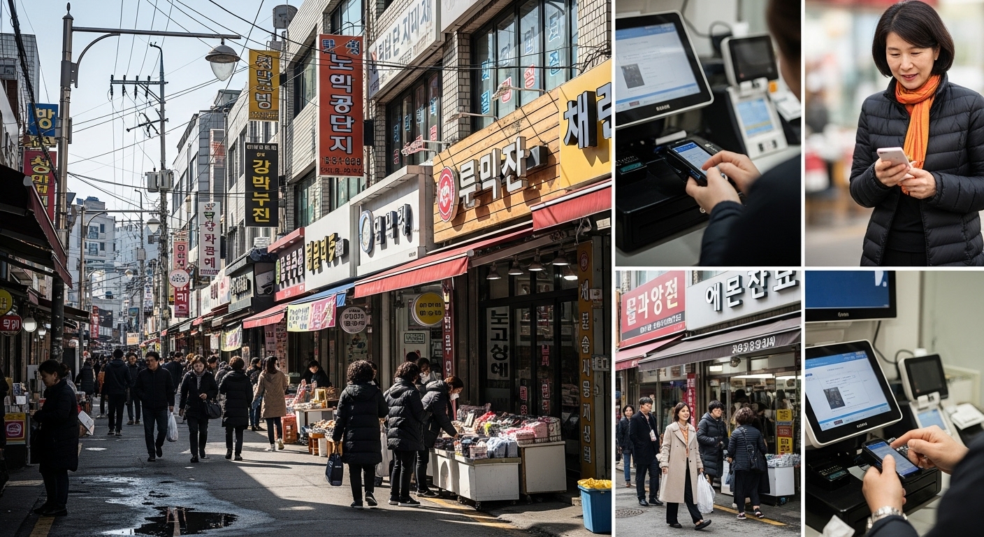 사람들이 지역 가게에서 디지털 결제 방법을 사용하는 활기찬 거리 풍경