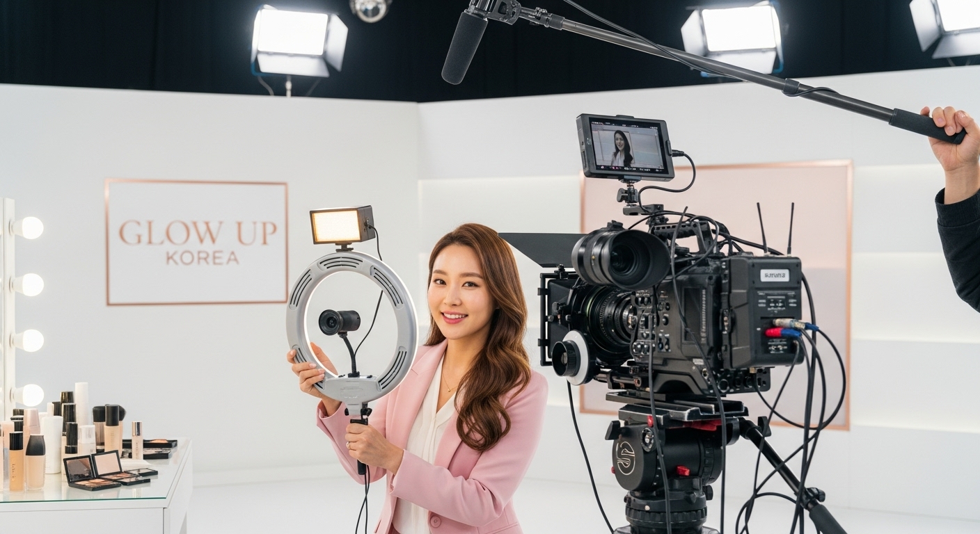 뷰티 쇼 세트장에서 전문 카메라 장비로 콘텐츠를 촬영하는 영향력 있는 뷰티 유튜버