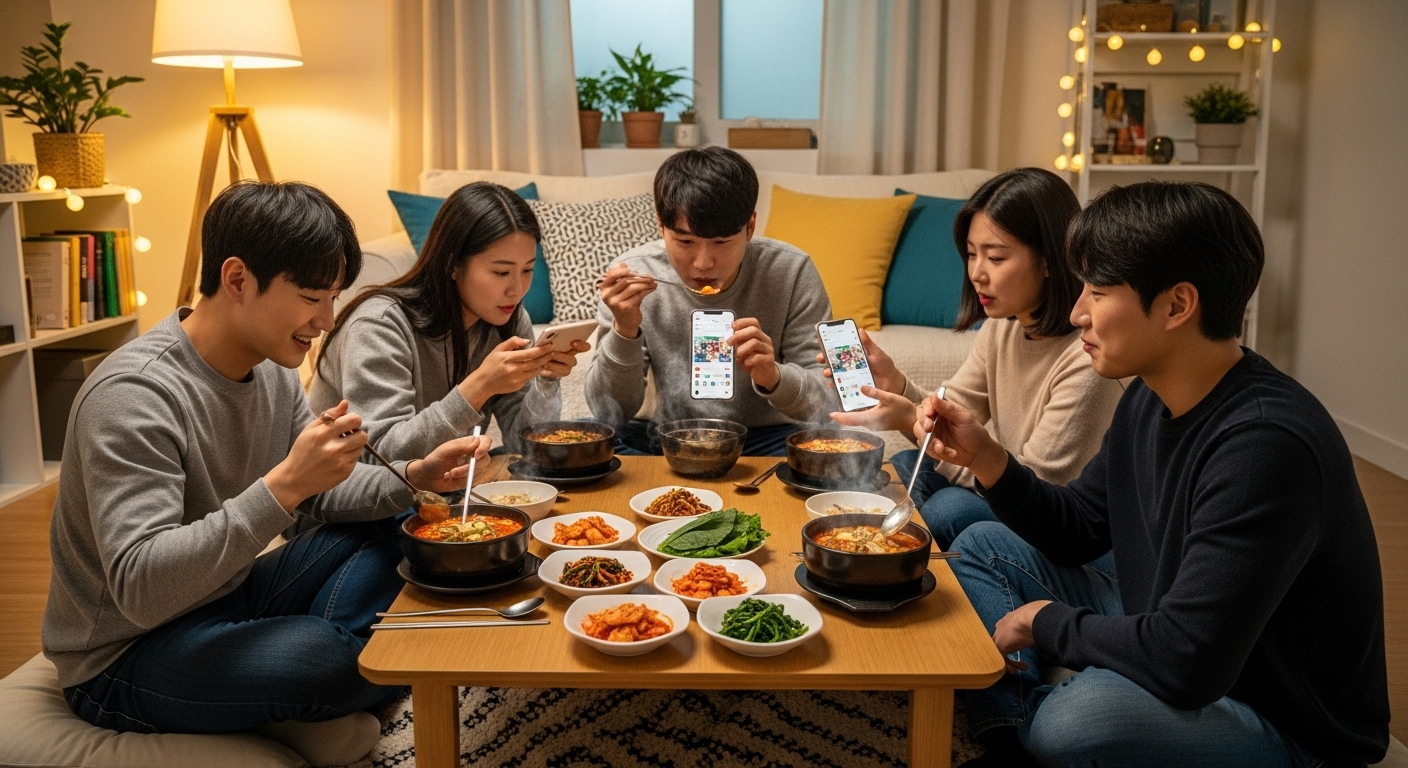 젊은 사람들이 아늑한 집에서 스마트폰을 보며 순두부찌개를 즐기는 모습