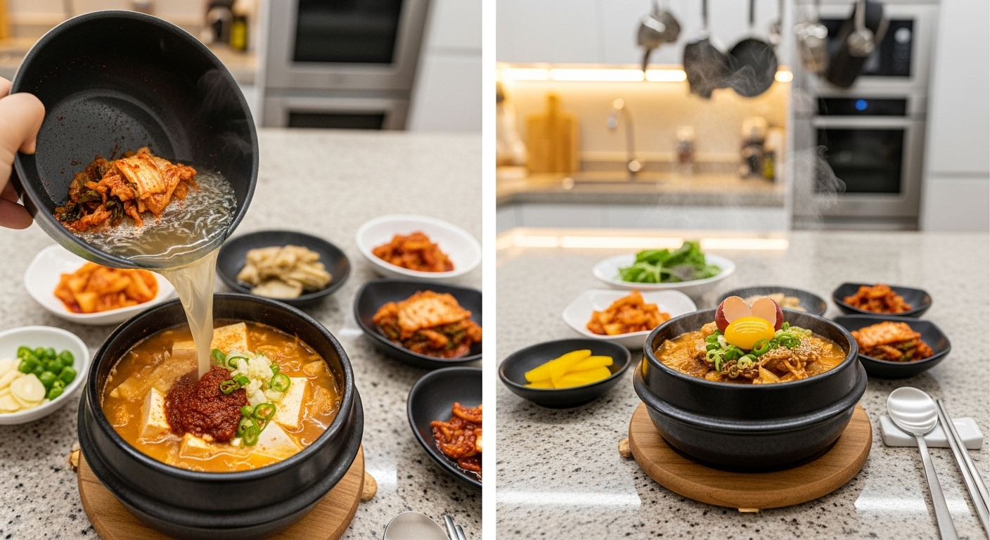현대적인 한국 주방에서 단계별로 준비되는 순두부찌개의 조리 과정