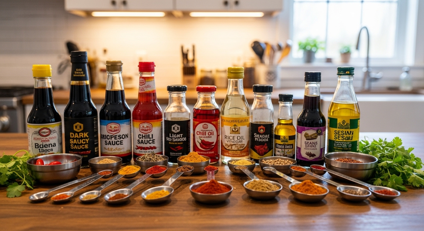 조리 도구와 함께 다양한 소스와 향신료들이 아늑한 주방에 정리된 모습