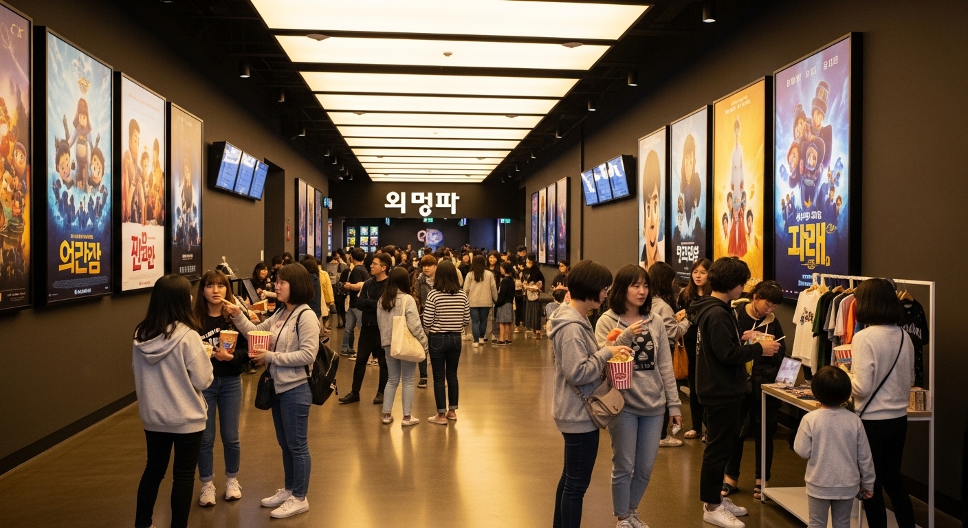 현대 영화관 로비에서 활기찬 분위기의 애니메이션 팬들
