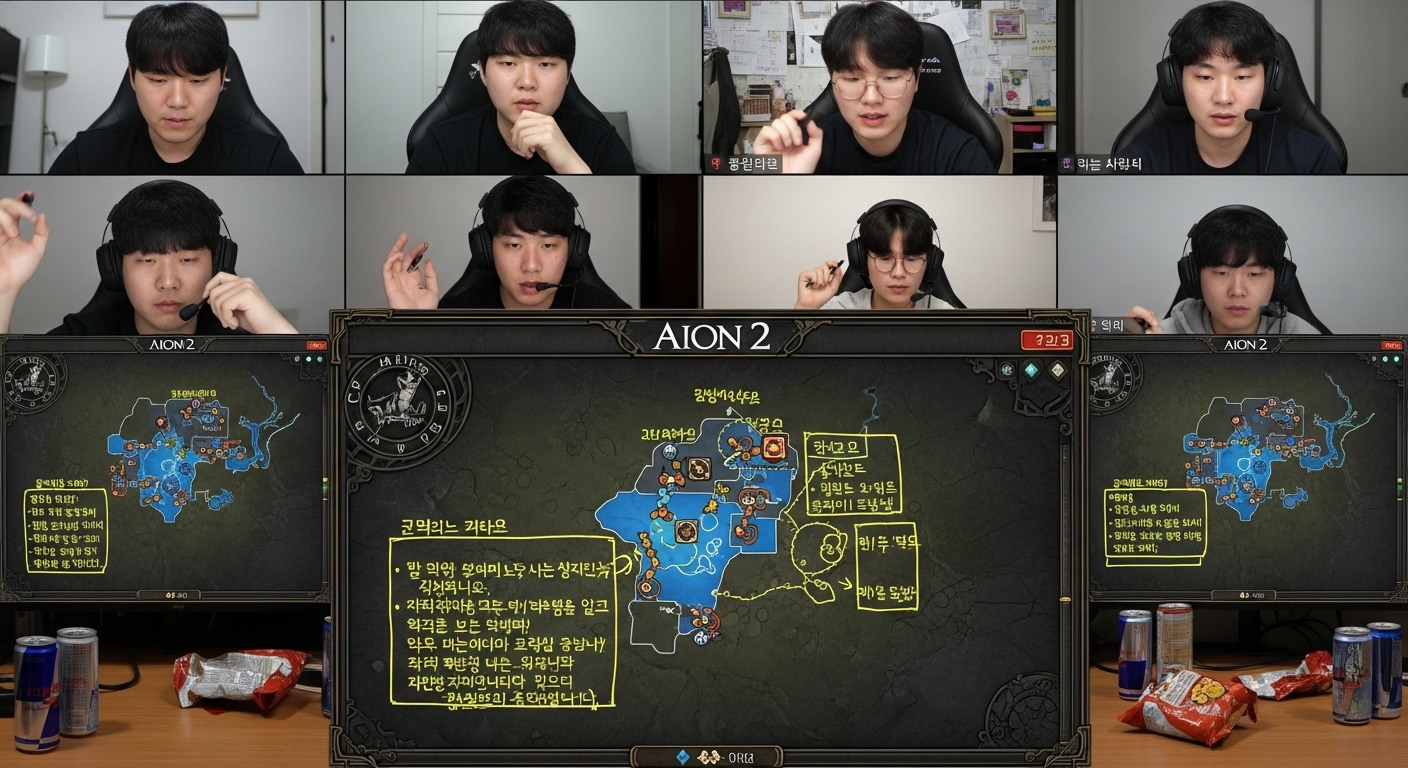 비디오 통화로 초월 던전 공략을 논의하는 한국 플레이어들