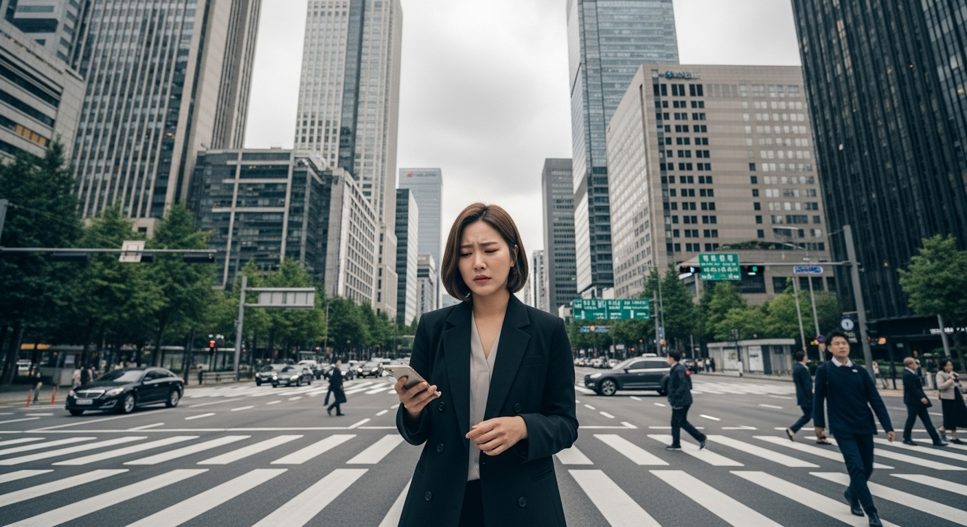 서울 거리에서 갈등하는 표정으로 서 있는 여성