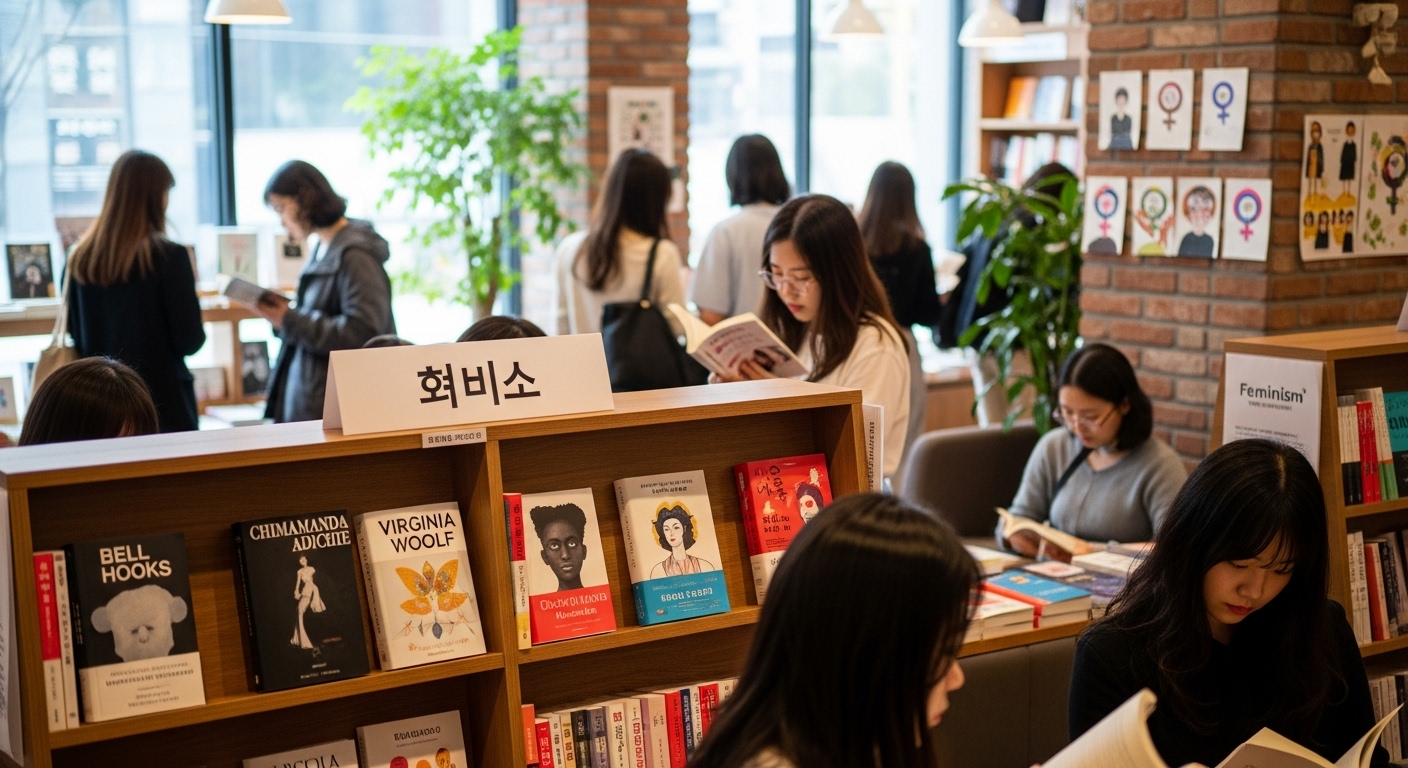 서점에서 페미니즘 문학을 탐색하는 젊은 독자들