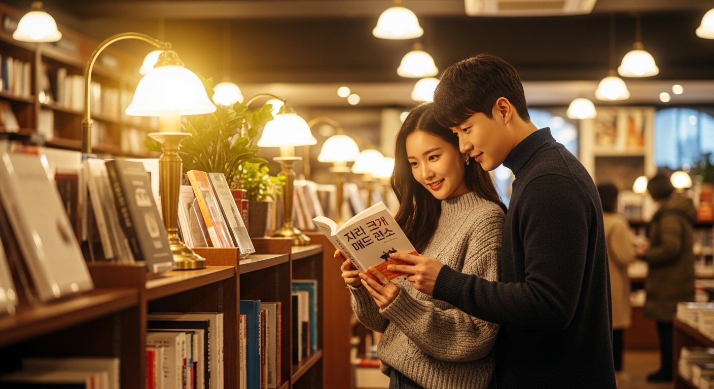 현대 커플이 아늑한 서점에서 '스님의 주례사' 책을 찾는 모습