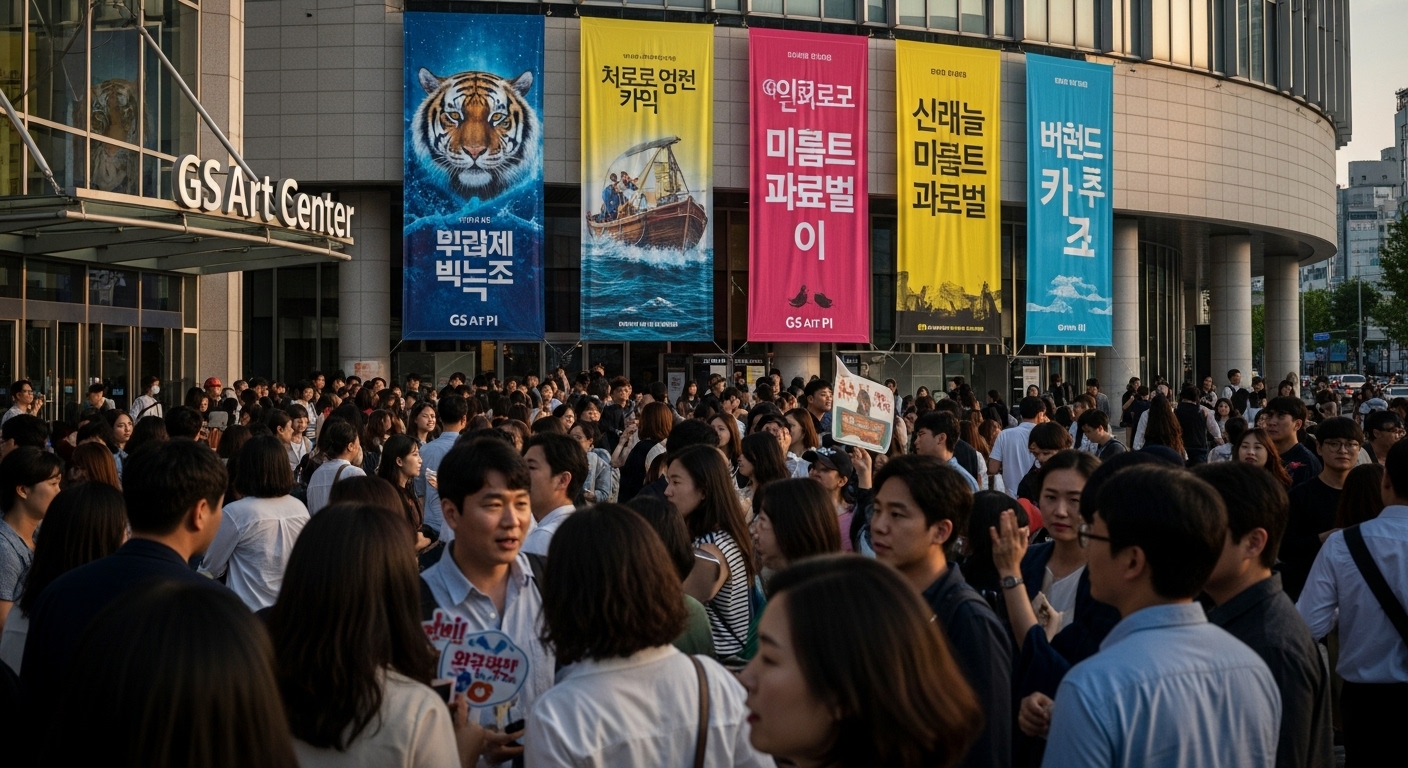 한국 관객들이 GS아트센터 앞에서 라이프오브파이 공연을 기다리는 모습