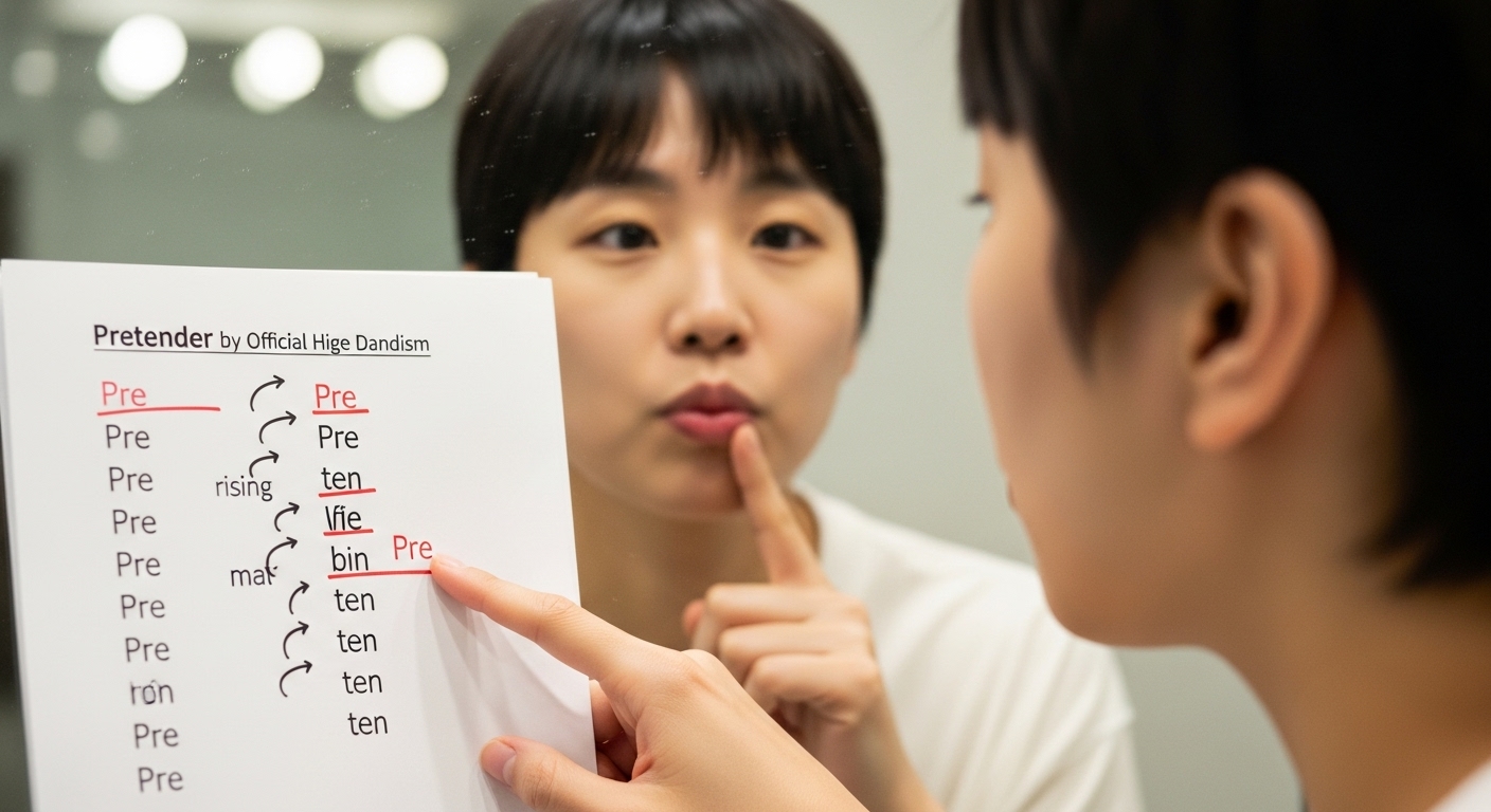 거울 앞에서 종이에 적힌 발음 기호를 보며 프리텐더 가사를 연습하는 모습