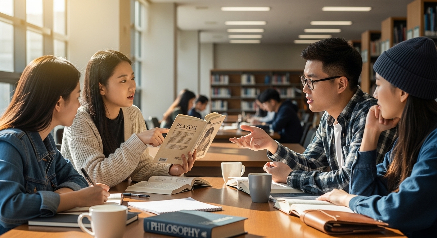 대학 도서관에서 사랑의 철학적 주제를 토론하는 한국 대학생들