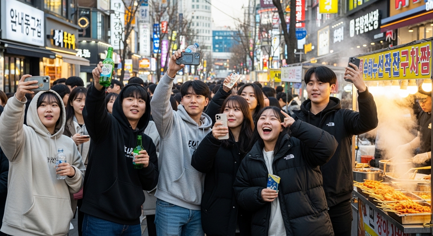 '만찬가'에 영감을 받아 SNS 트렌드를 즐기는 젊은이들이 보이는 활기찬 거리 풍경