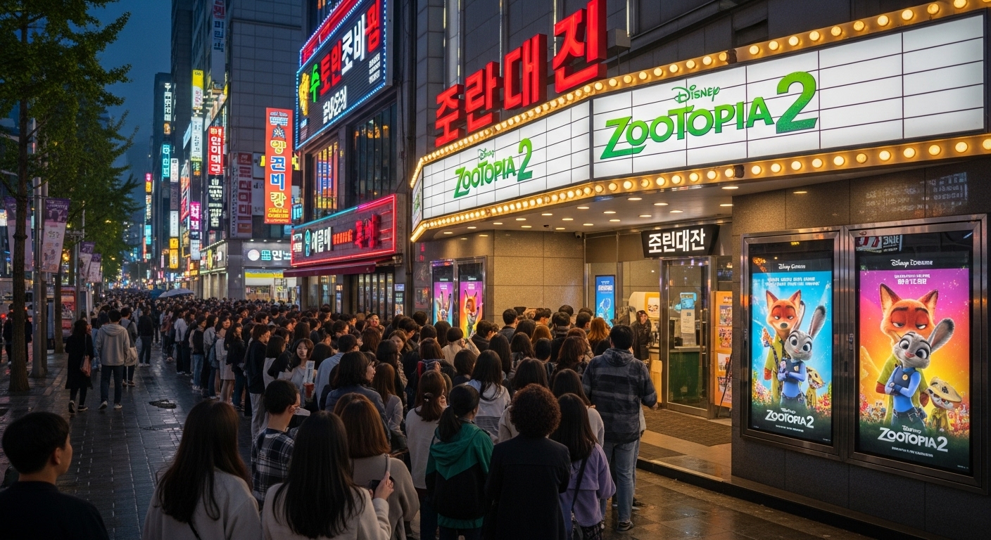 많은 관객들이 극장 입구에 줄을 서서 영화 '주토피아 2'를 기대하는 모습