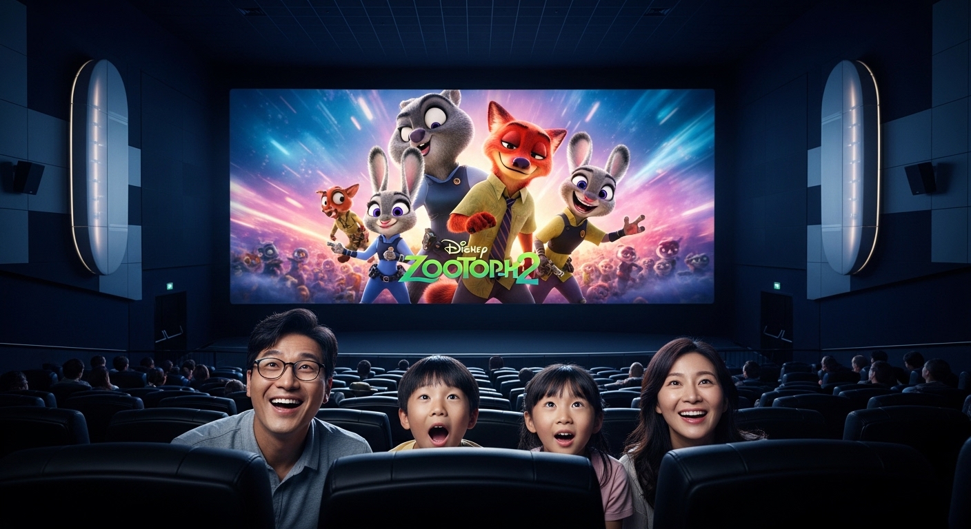 한국 가족이 IMAX 상영관에서 '주토피아 2'를 관람하며 감동받는 모습