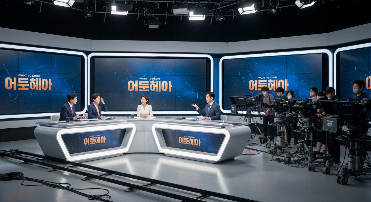 현대적인 방송 세트에서 '그것이 알고싶다' 로고가 있는 화면과 진행자 및 스태프들