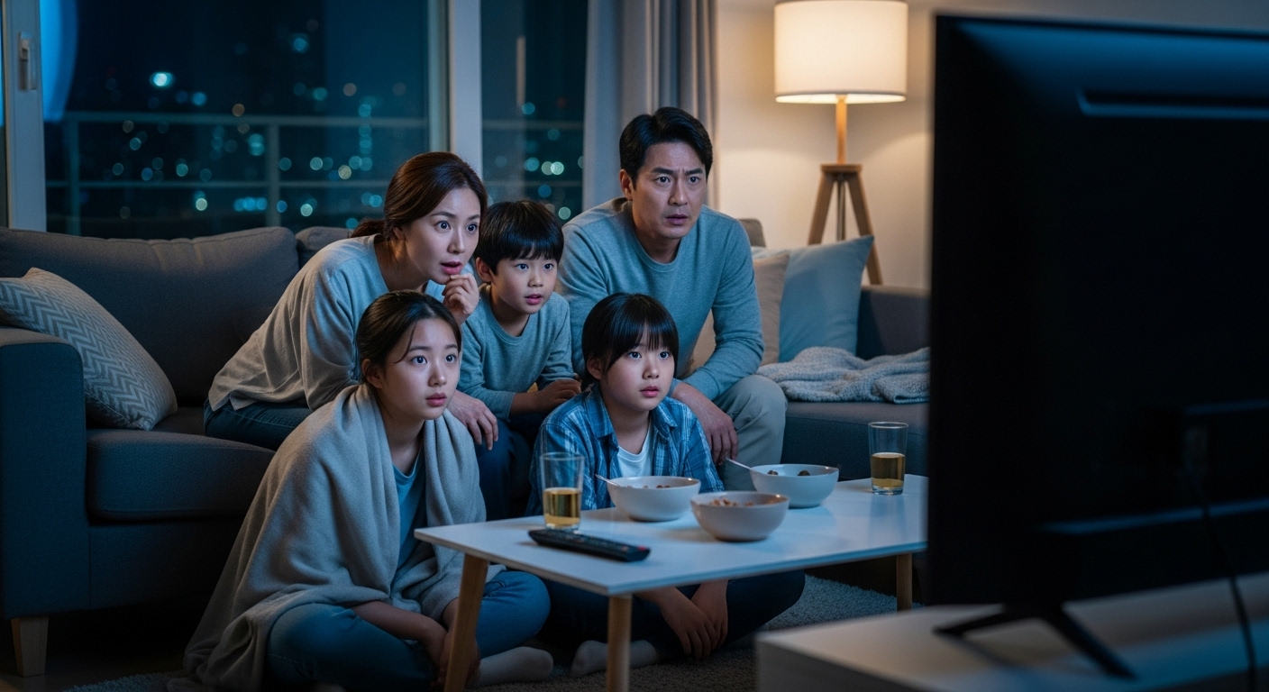 가족들이 거실에서 긴장감 넘치는 TV 프로그램을 시청하며 호기심 어린 표정으로 보고 있는 모습