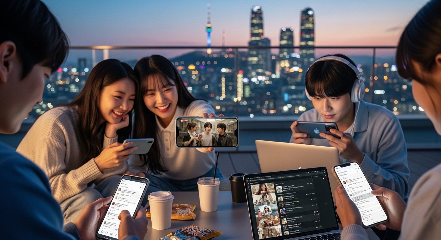 젊은 층이 스마트폰과 노트북으로 인기 프로그램의 디지털 콘텐츠를 즐기는 모습
