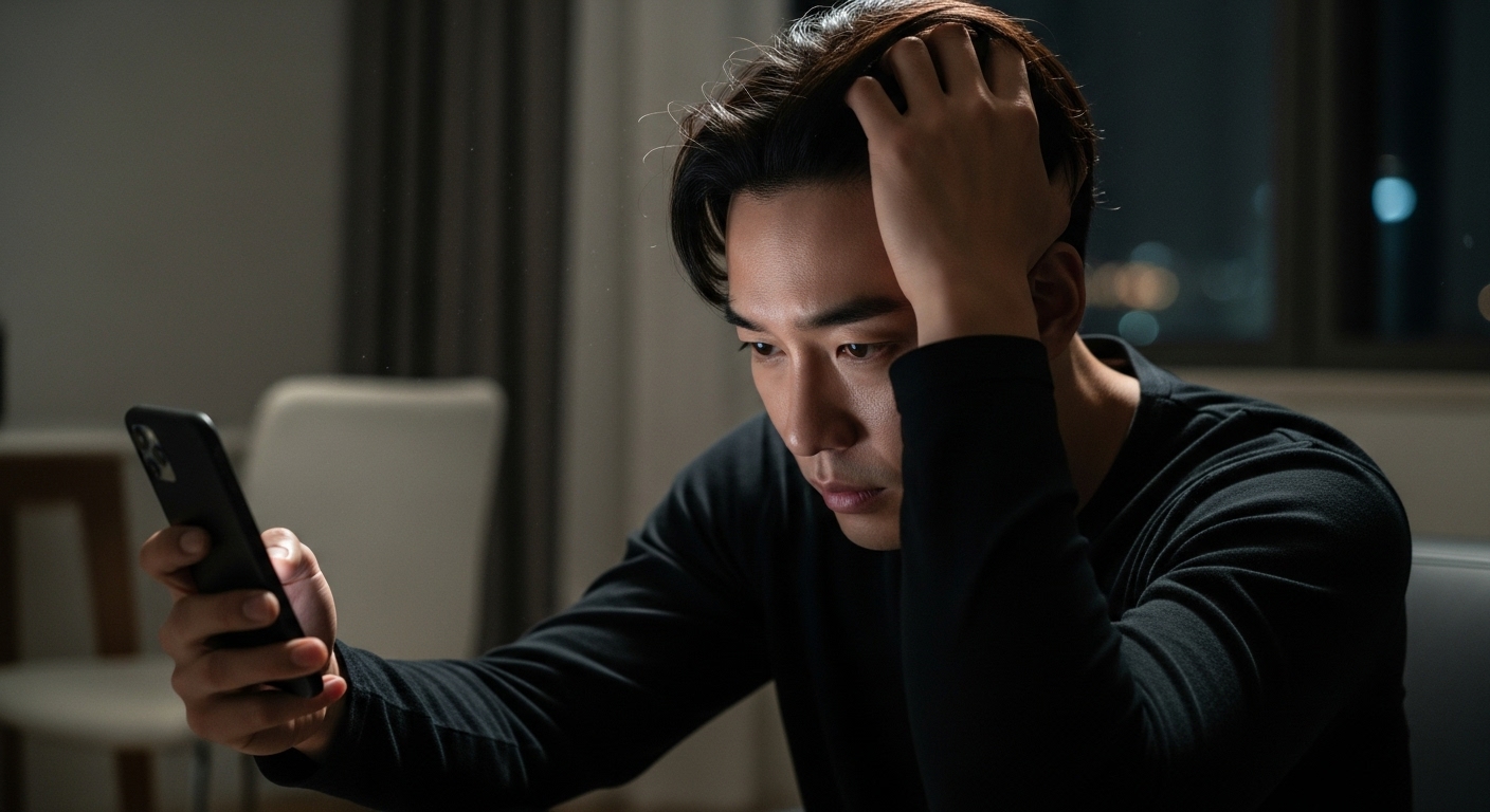 한 배우가 어두운 방에서 스마트폰을 들고 생각에 잠긴 모습