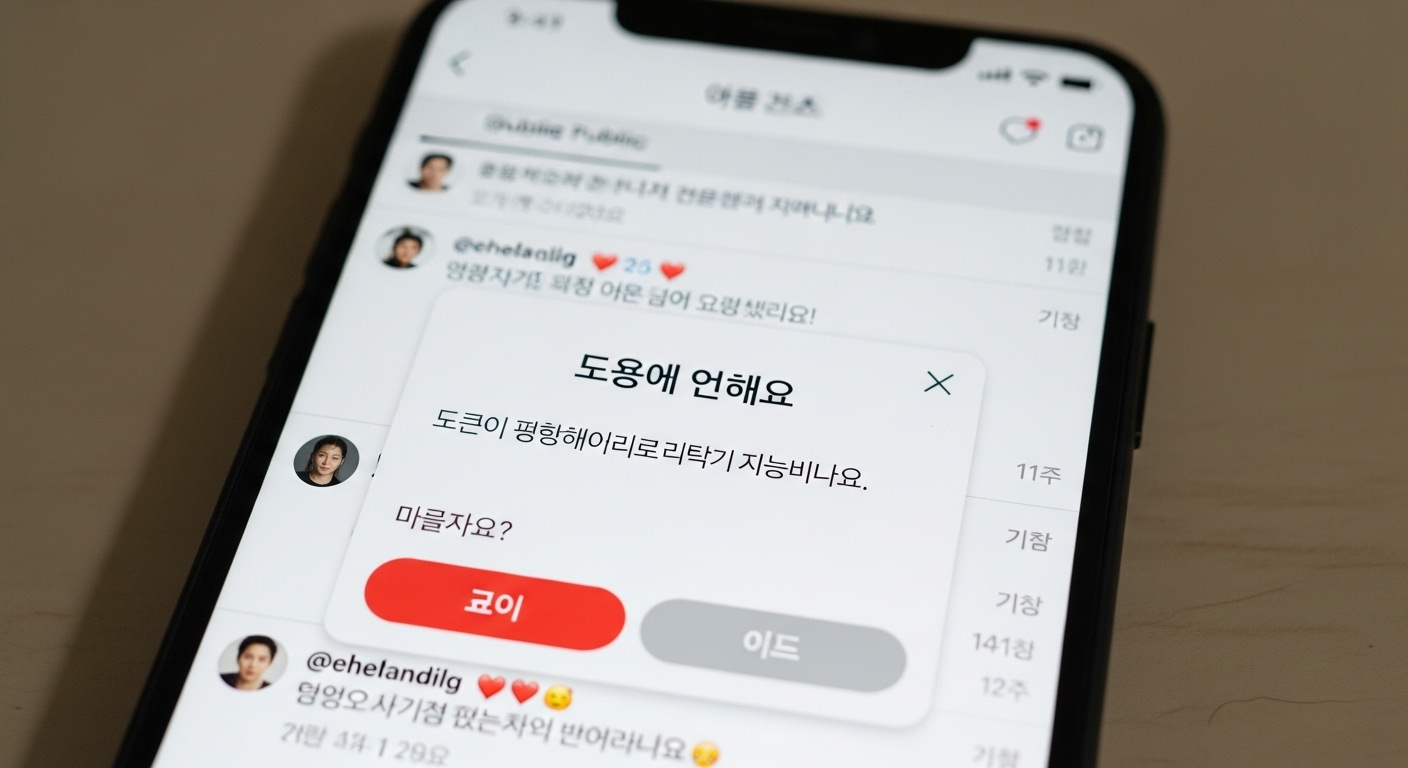 스마트폰 화면에 계정 삭제 알림과 다양한 댓글 반응
