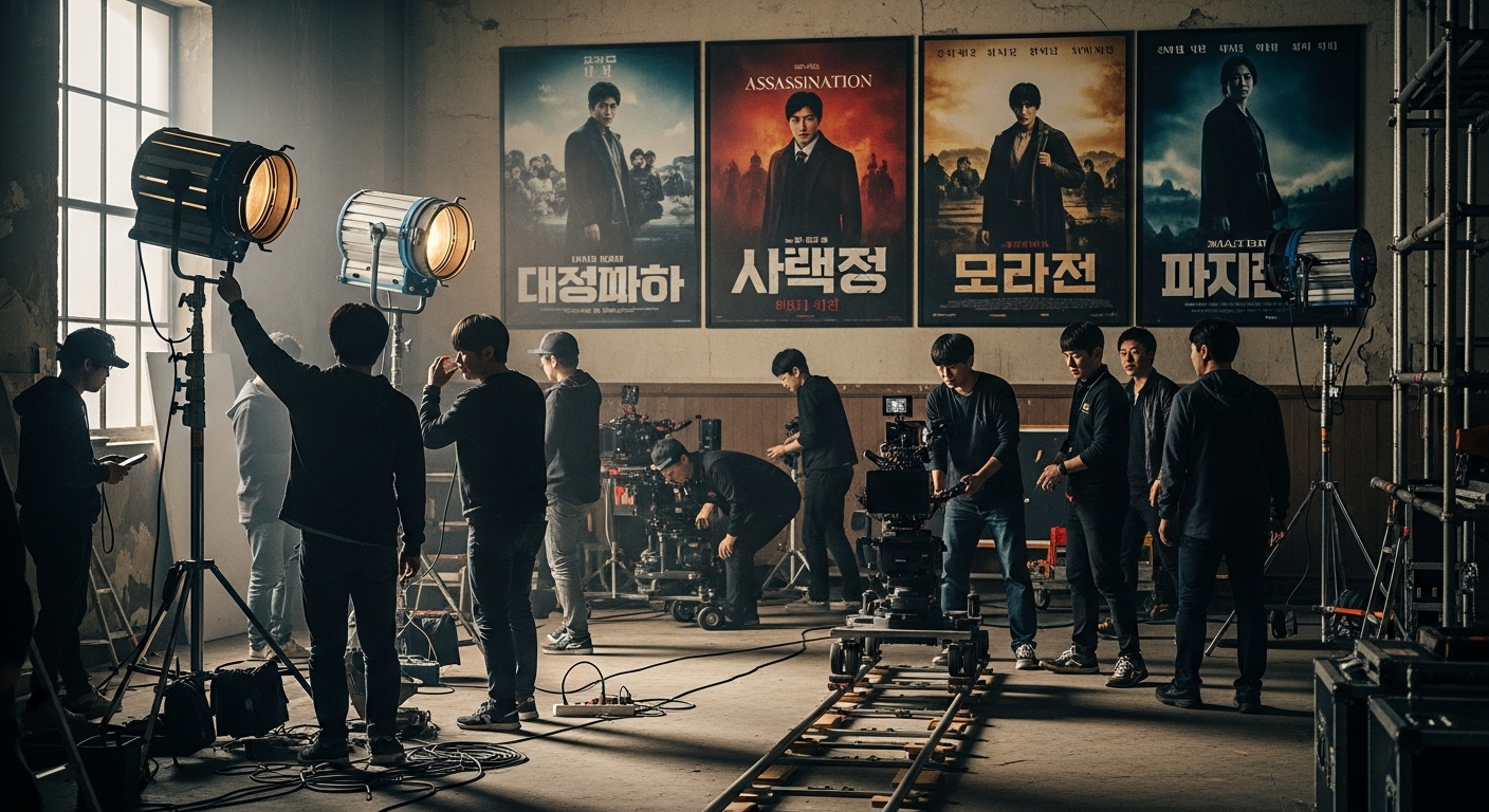 영화 촬영장에서 인기 작품 포스터와 장비 설치 중인 모습