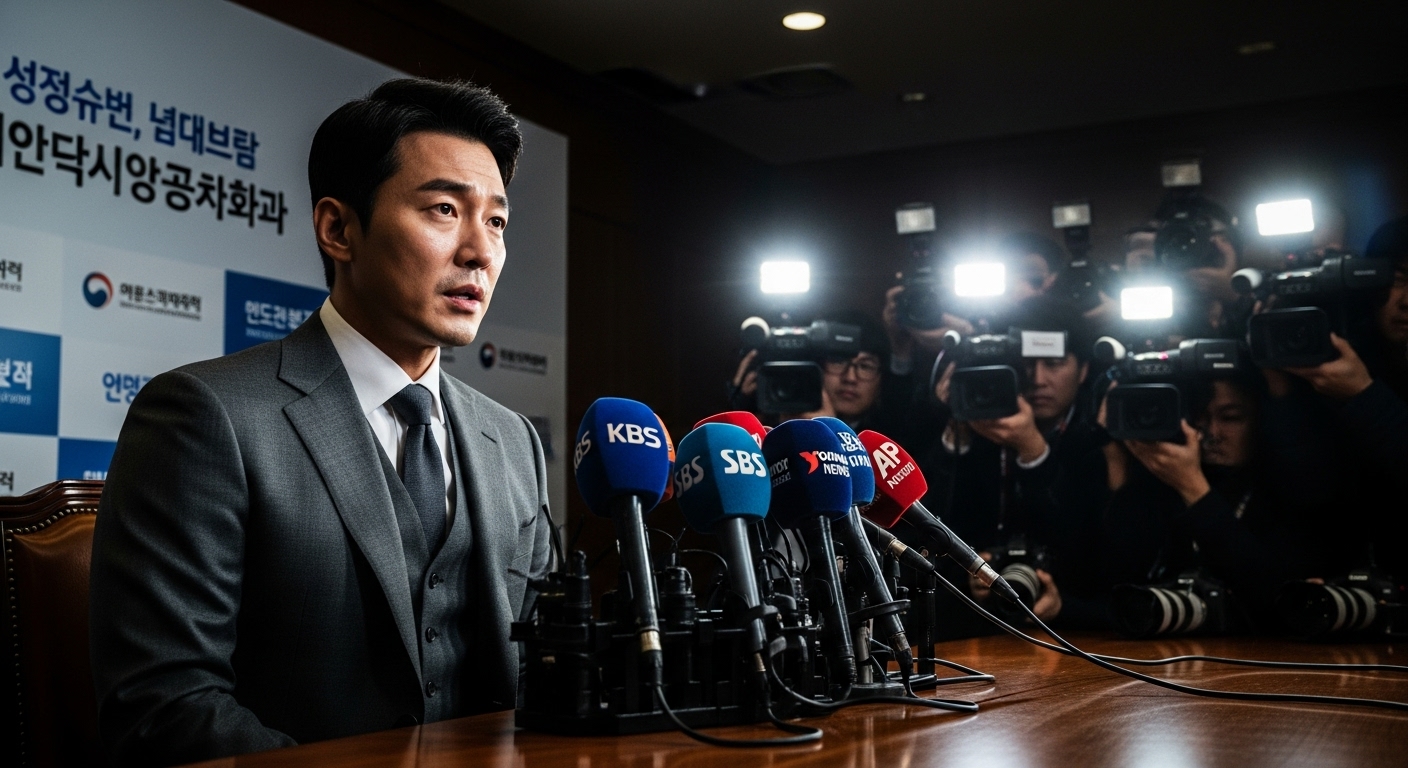 정장을 입은 남성이 기자회견에서 긴장된 분위기 속에 마이크와 카메라 플래시를 받는 모습