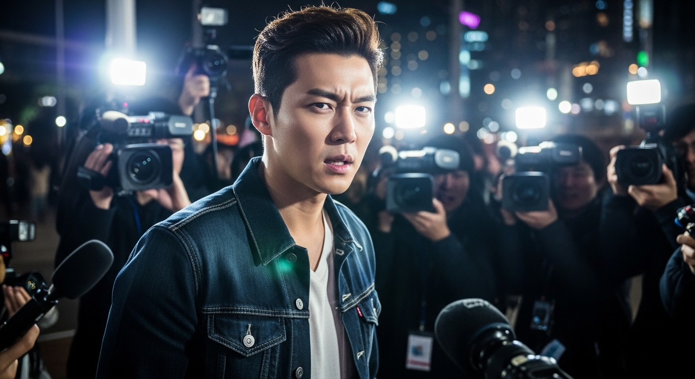 매체의 관심 속에서 긴장된 표정으로 포착된 한국 남성 유명인의 모습