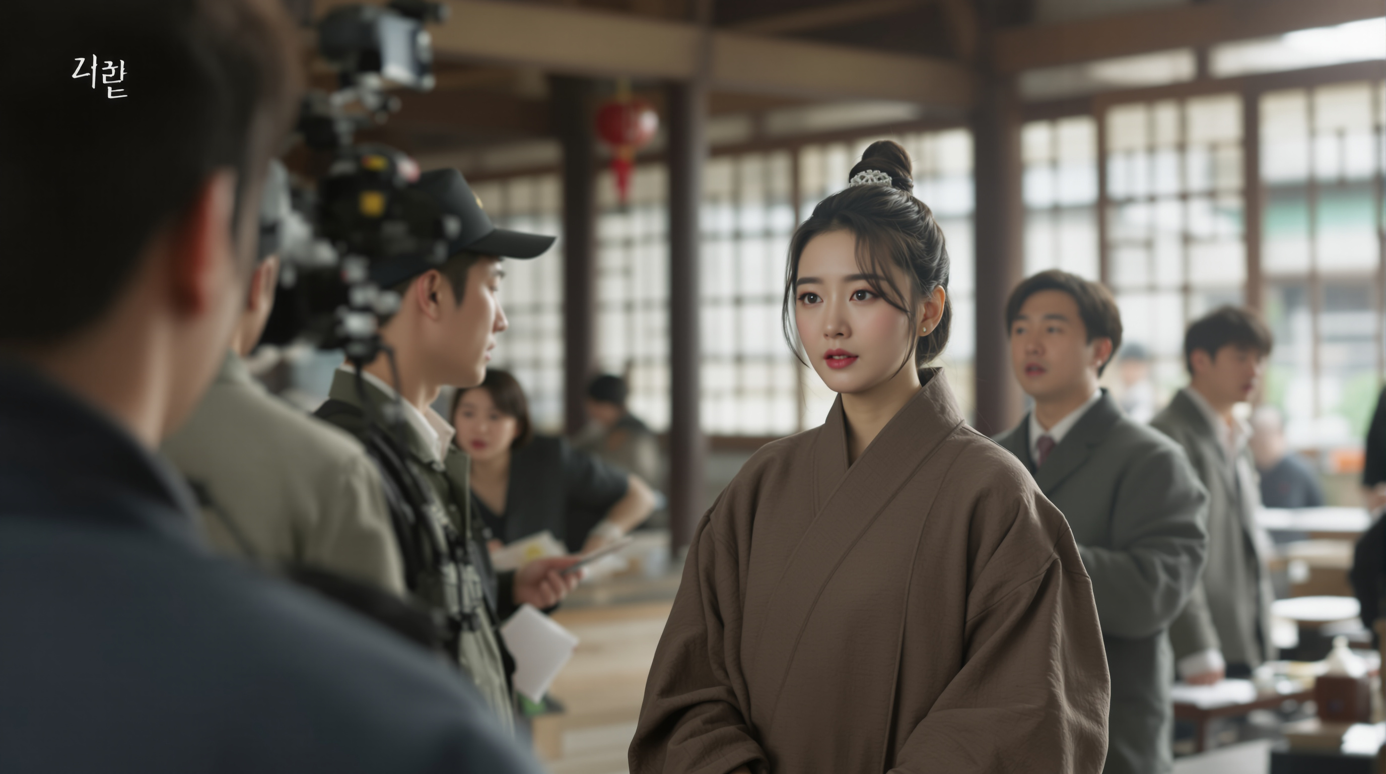 백아진 역을 맡은 김유정 배우가 감독 및 스태프들과 촬영 현장에서 장면을 논의하는 모습