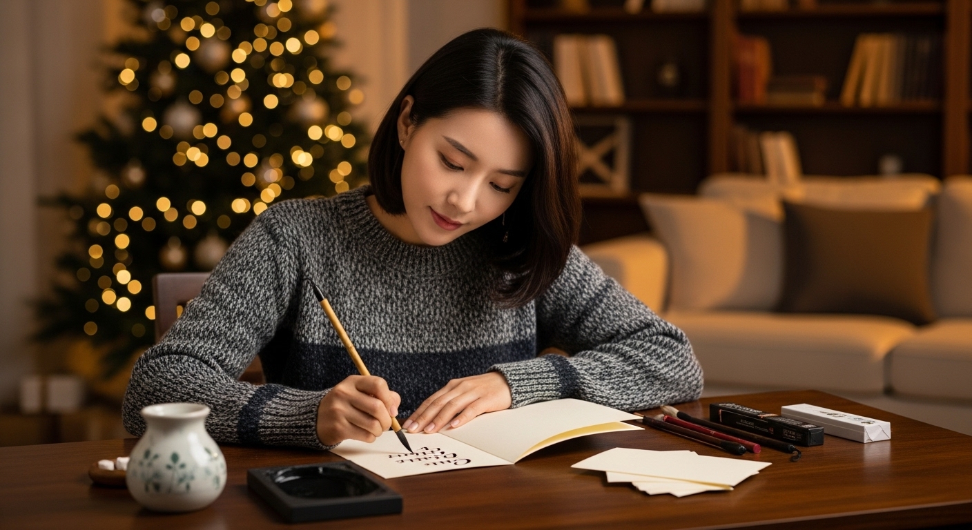 현대적인 여성은 따뜻한 거실에서 다양한 캘리그래피 도구로 크리스마스 카드를 쓰고 있다.
