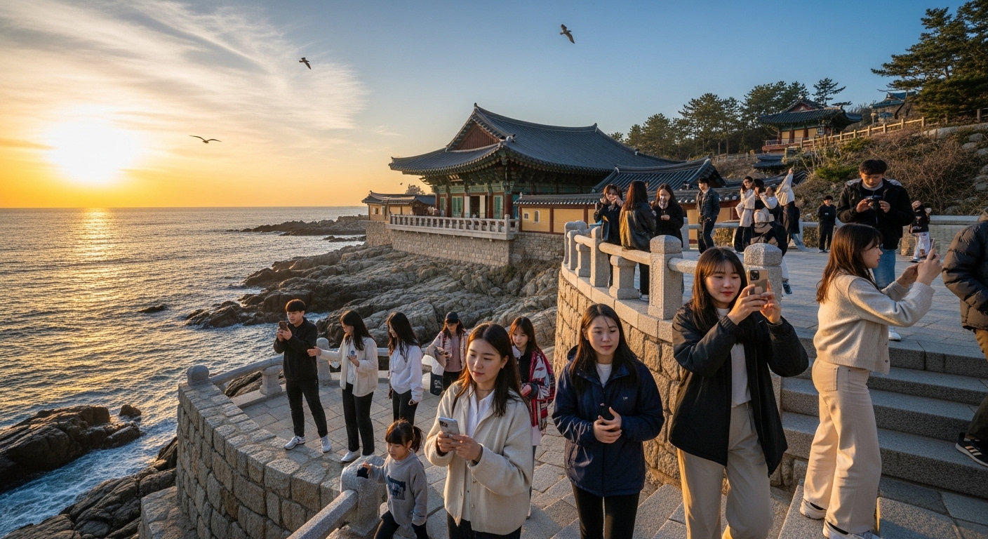 바다 옆 현대적인 사찰인 해동용궁사를 탐방하는 관광객들