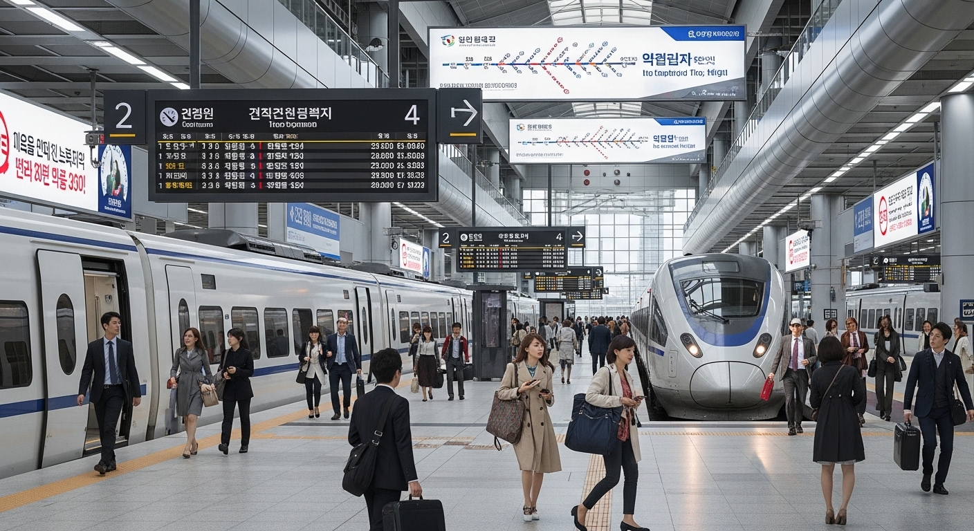디지털 디스플레이가 있는 번화한 기차역에서의 현대적인 대중교통 시스템