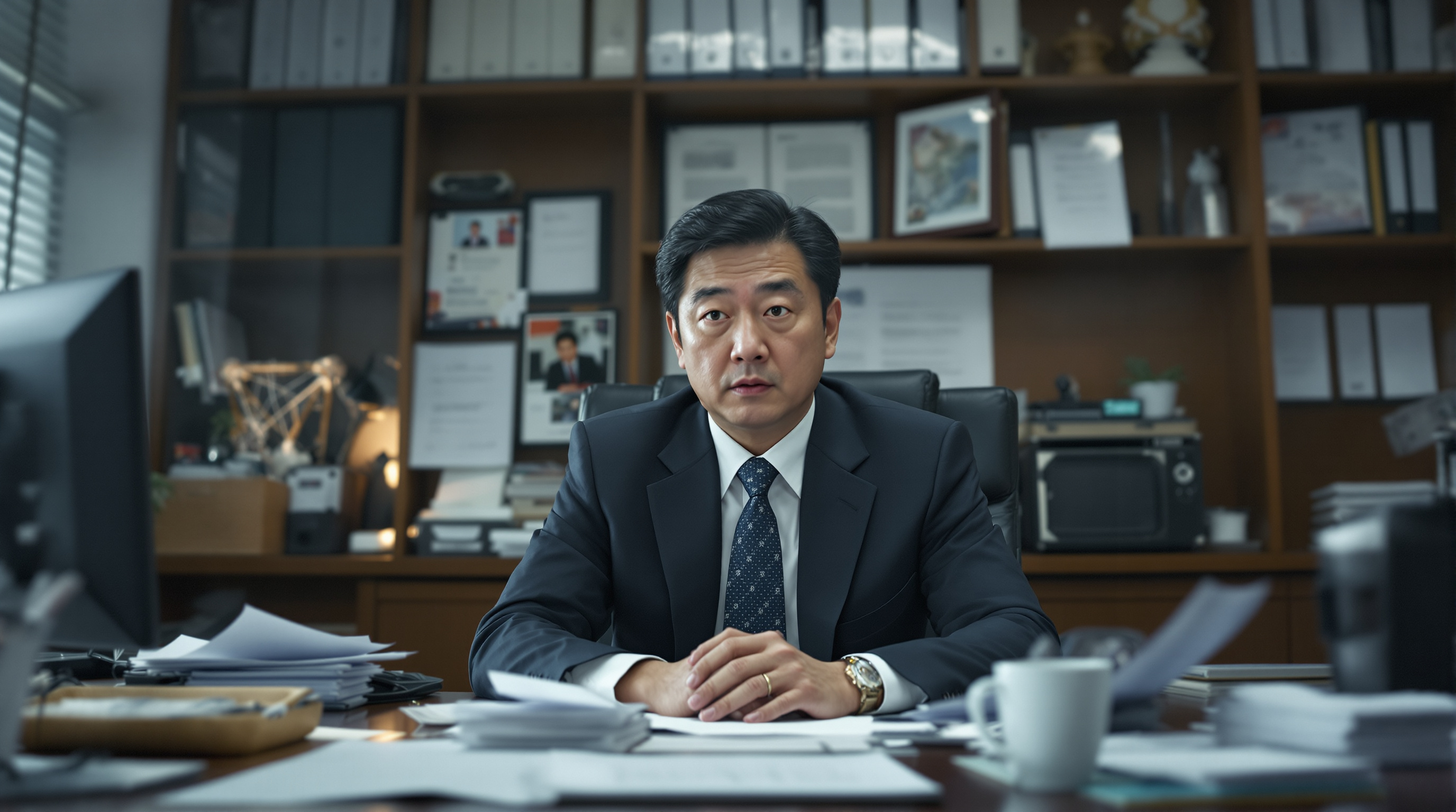 서류와 컴퓨터로 가득 찬 사무실에서 집중하는 현대적 정치인의 모습