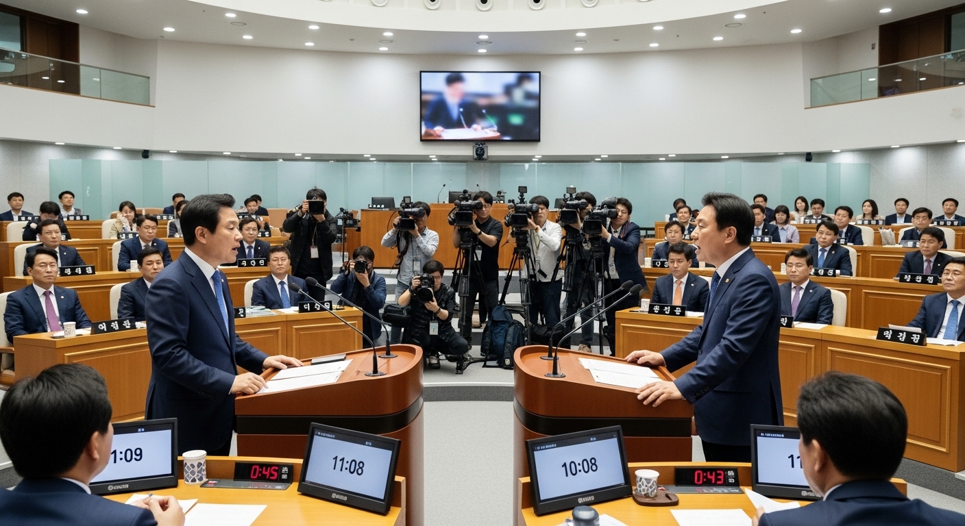 한국 현대 국회에서 마이크와 미디어가 있는 가운데 격렬히 토론하는 여야 의원들