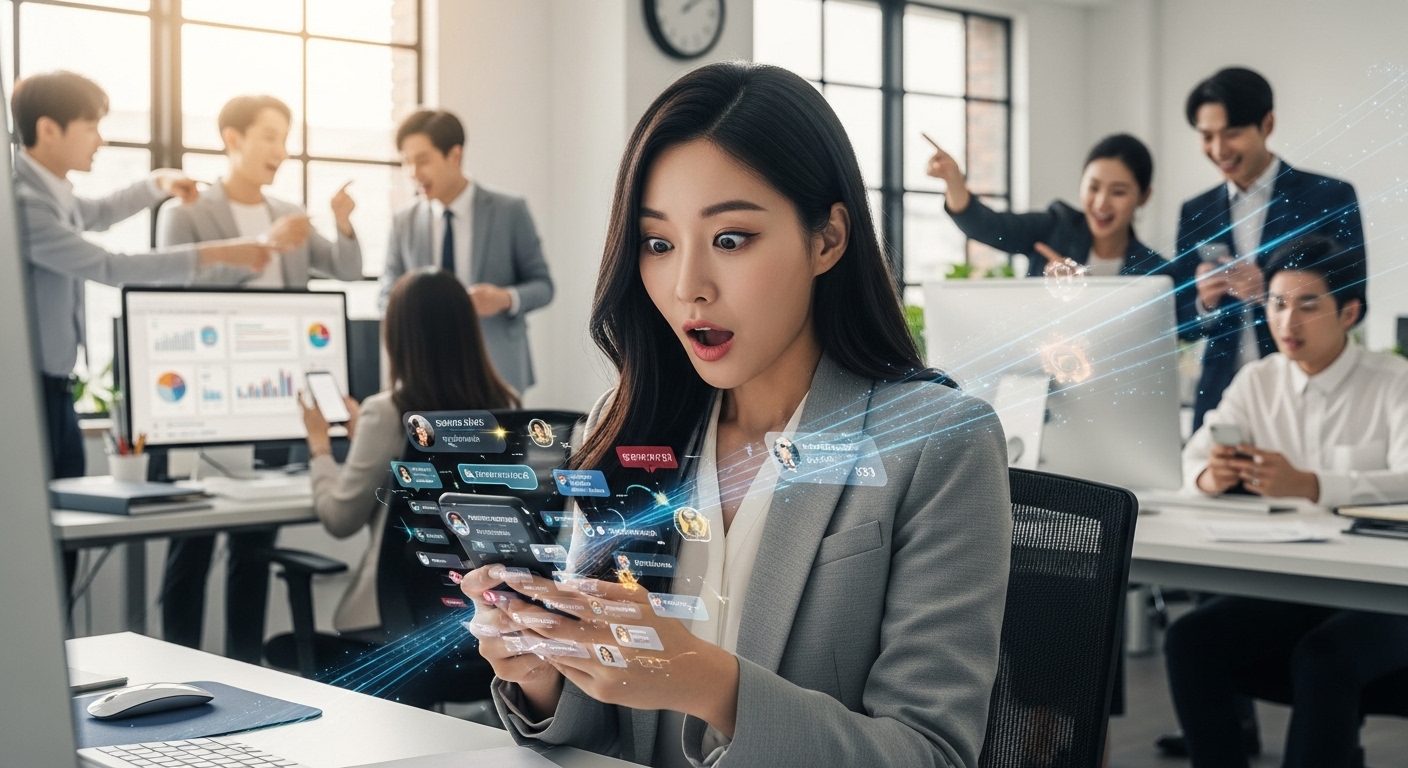 사무실에서 핸드폰으로 SNS 게시글을 보고 놀라는 직장인