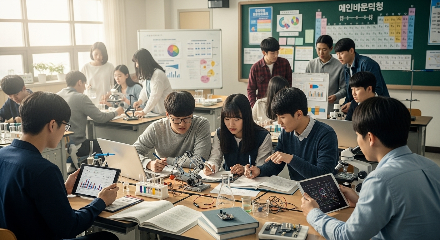 과학 대회에 참여하는 학생들이 교실에서 프로젝트를 논의하는 모습