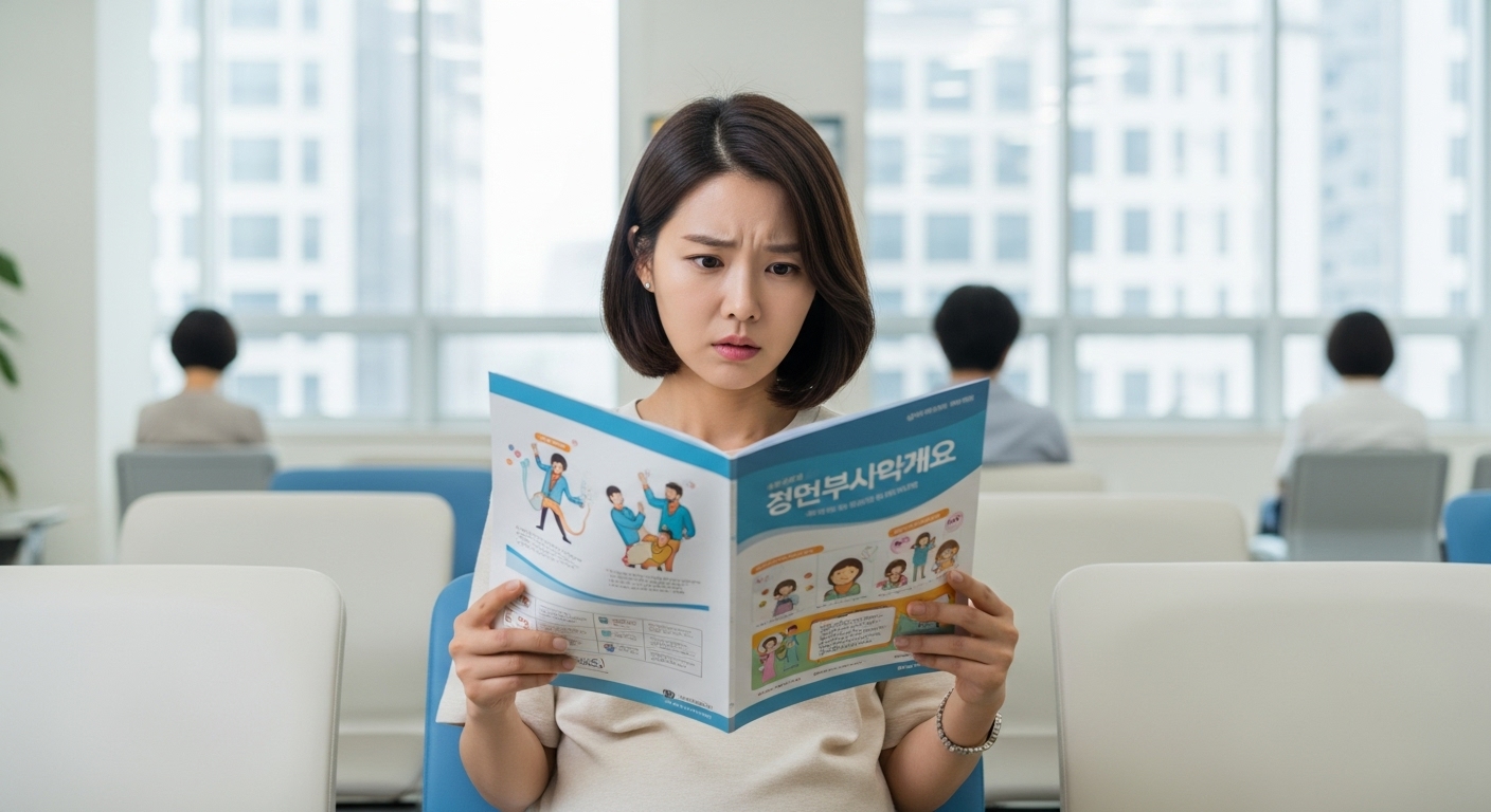 병원 대기실에서 산전 검사 브로셔를 읽고 있는 여성