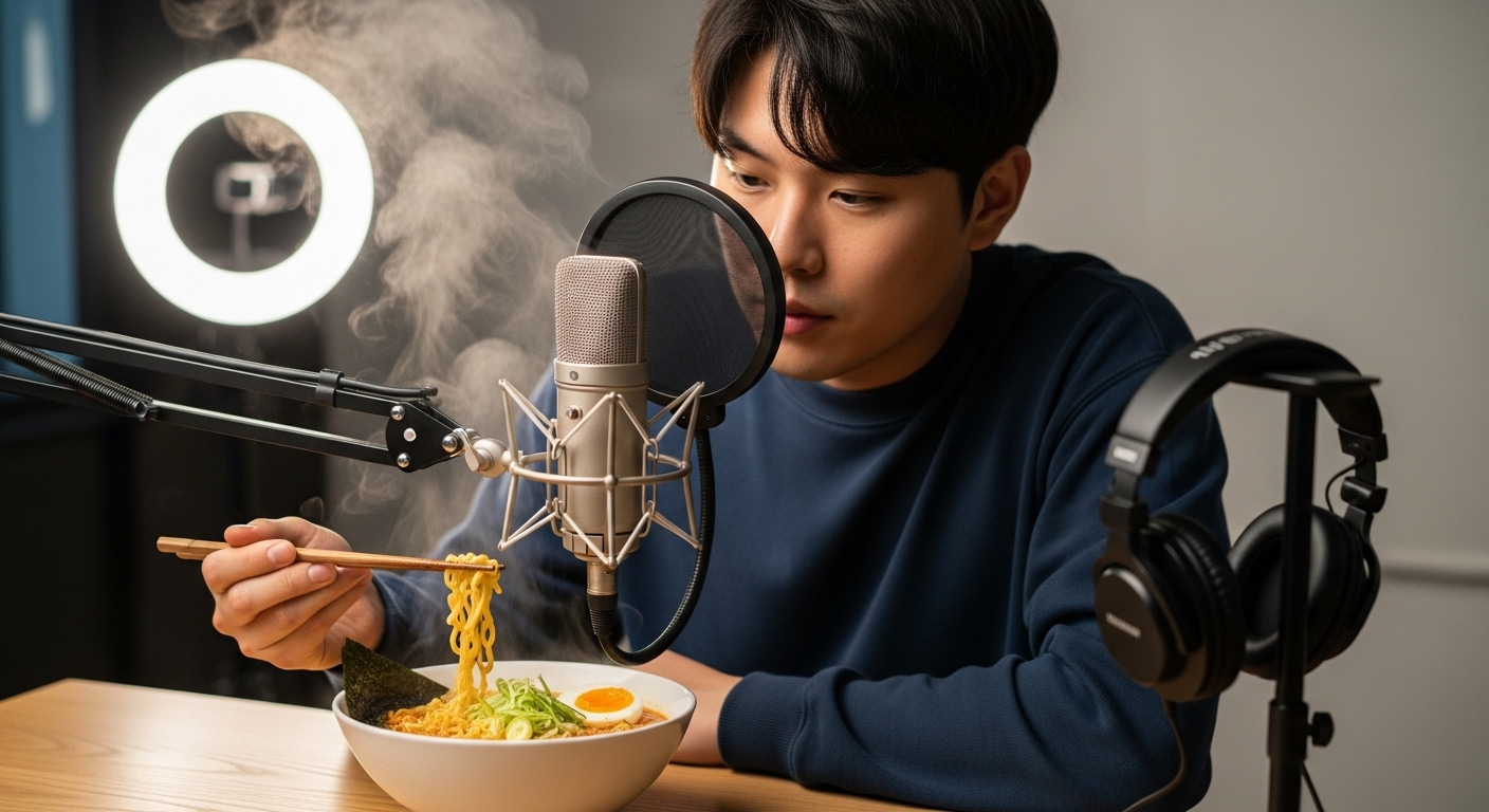 고품질 음향 장비와 함께 가까이서 라면을 녹음하는 남성 크리에이터