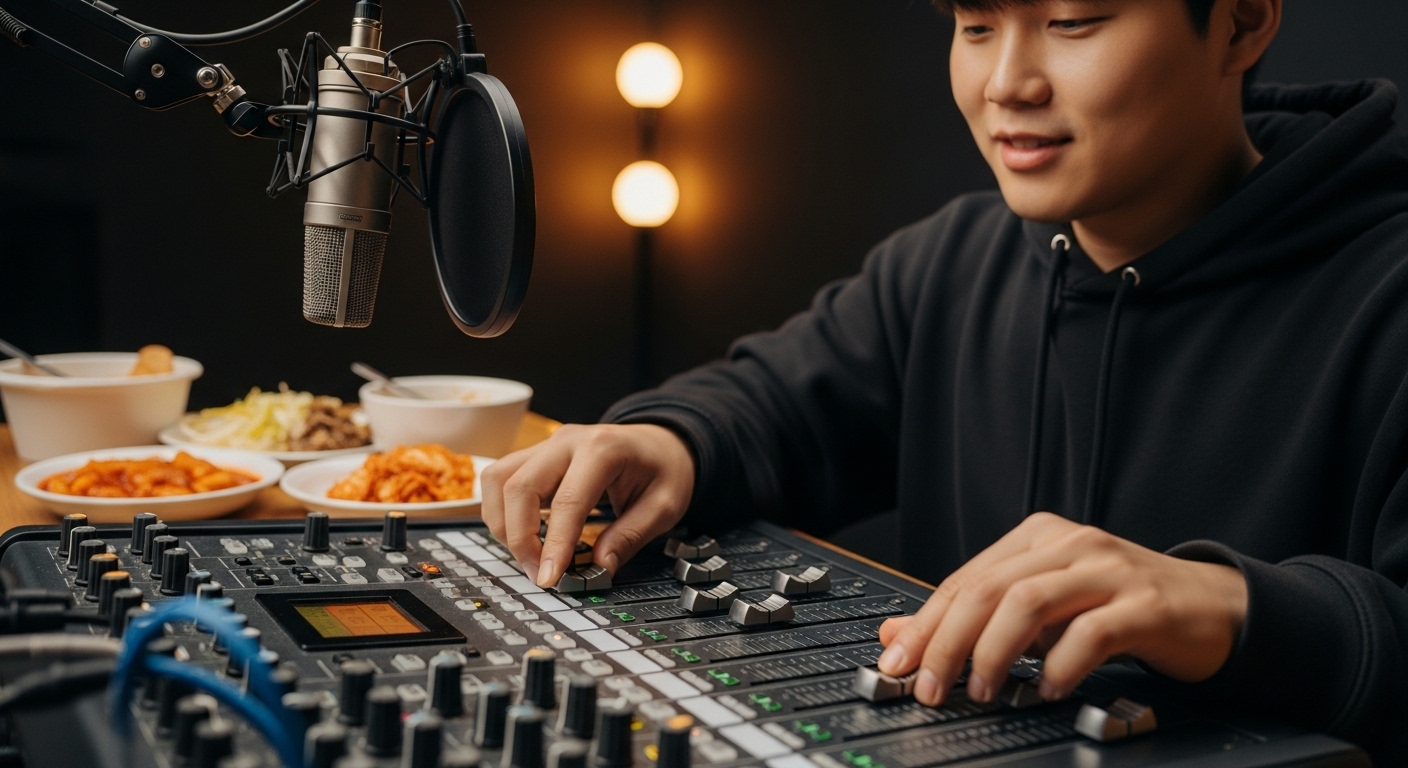 믹싱 콘솔에서 소리를 조절하며 녹음 중인 한국 유튜버의 섬세한 모습