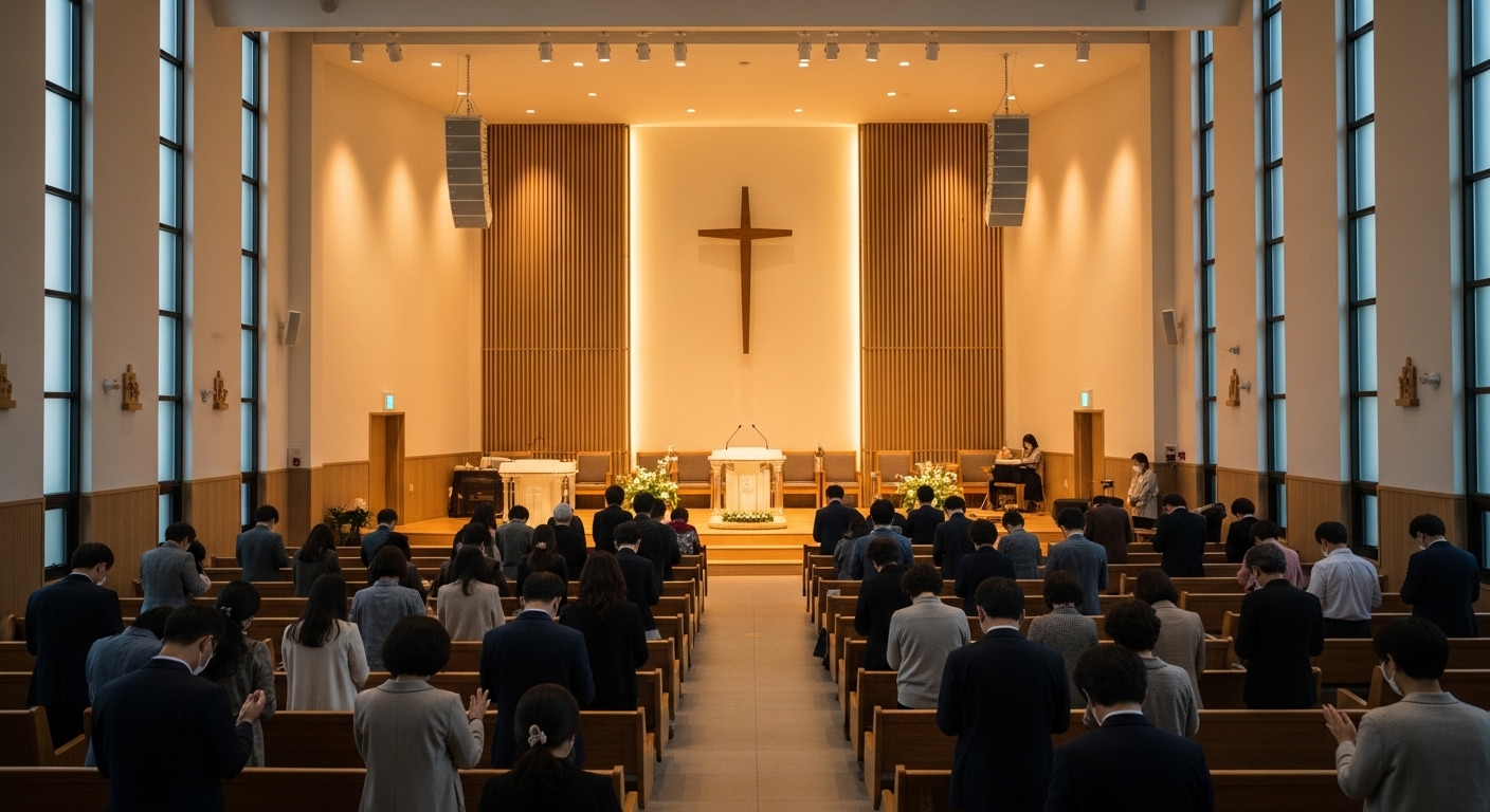 현대 한국 교회의 주일 예배 모습, 기도 중인 성도들