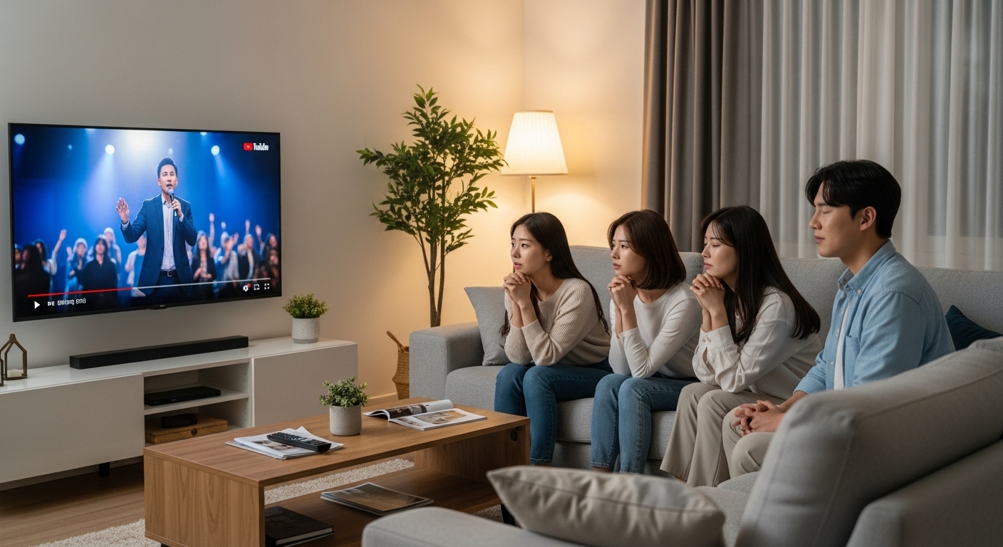 인기 있는 유튜브 기도 영상을 시청하는 젊은이들의 모습