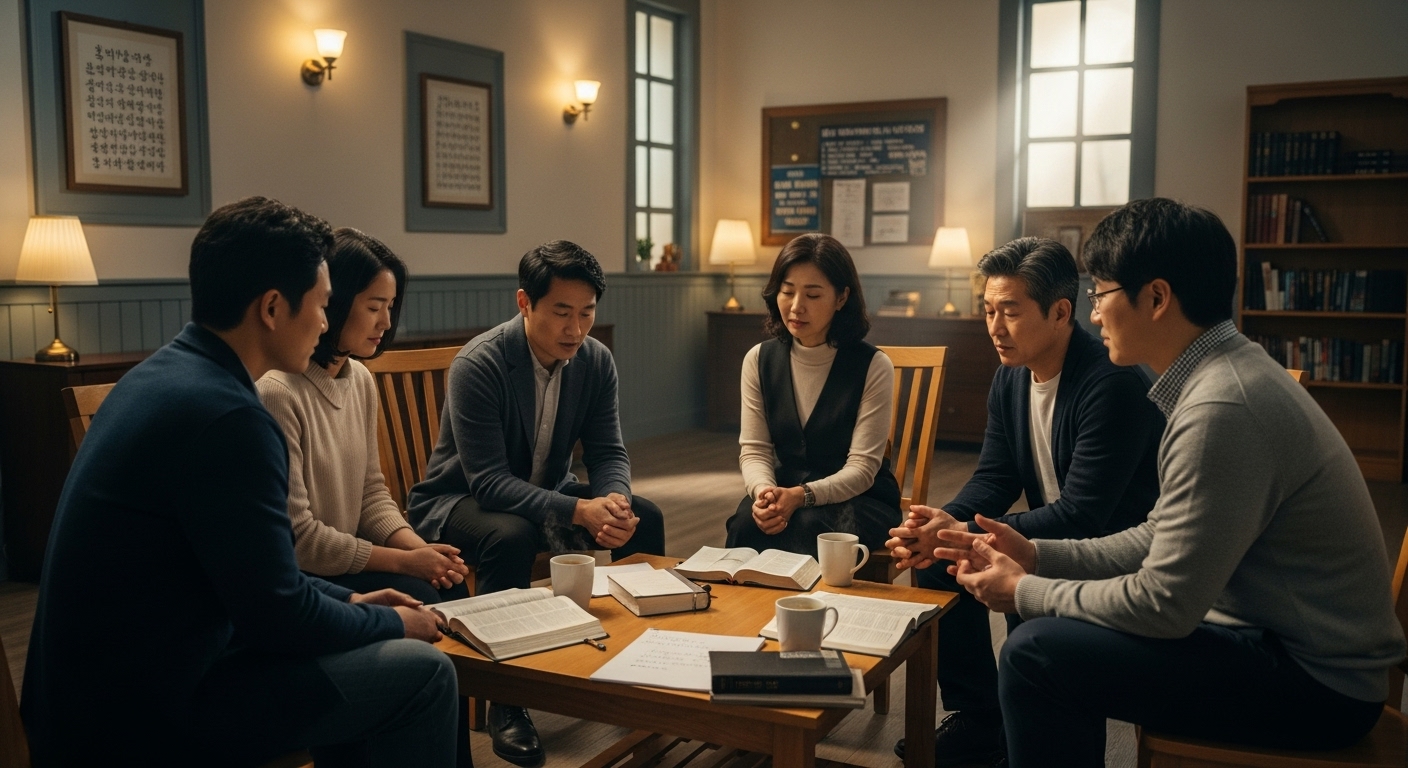 다양한 사람들과 함께 소그룹으로 모여 기도 내용을 논의하는 장면